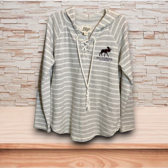 Blue 84 Striped Hooded Pull Over Breckenridge Moose Sweater Women's Large EUC - Picture 1 of 3